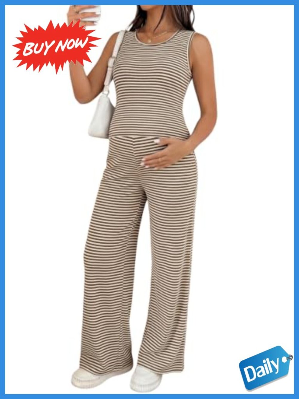 Maternity 2 Piece Outfit Striped Sleeveless Top & Pants Set Pregnancy Lounge